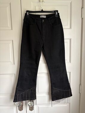 High Waist Stretch Black Flare Jeans by Black with Chain Fringe Hem